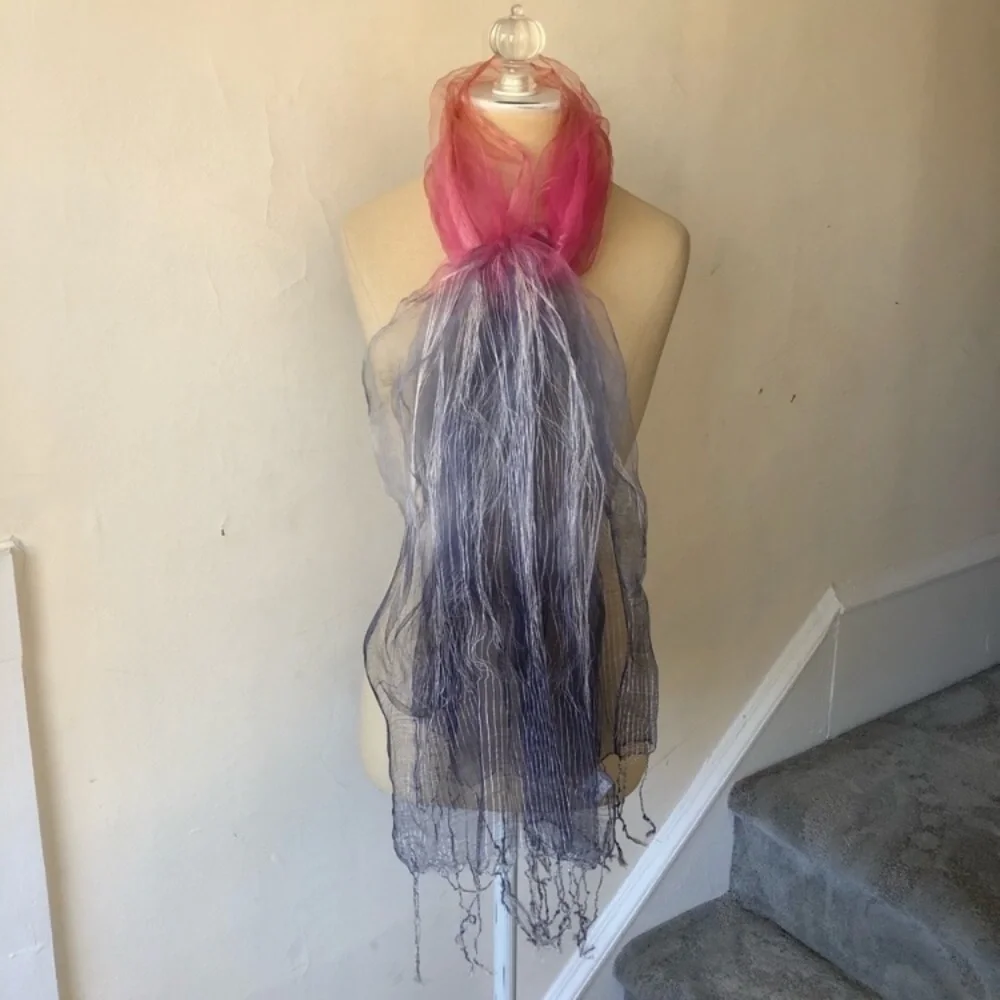 Pure Silk Sheer Art to Wear Lagenlook Multicolor Fringe Trim Scarf NWOT 66”x16”